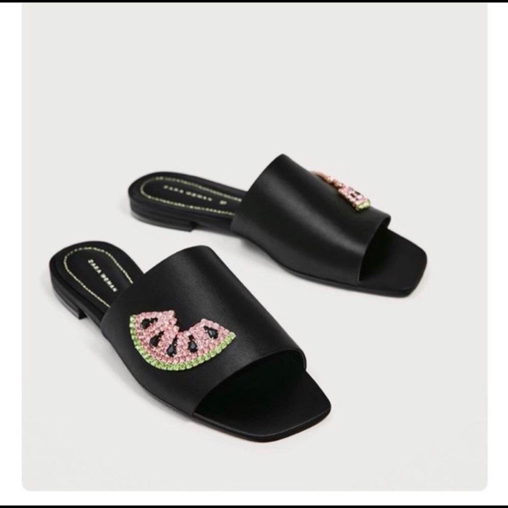 Zara satin watermelon square toe slip ons